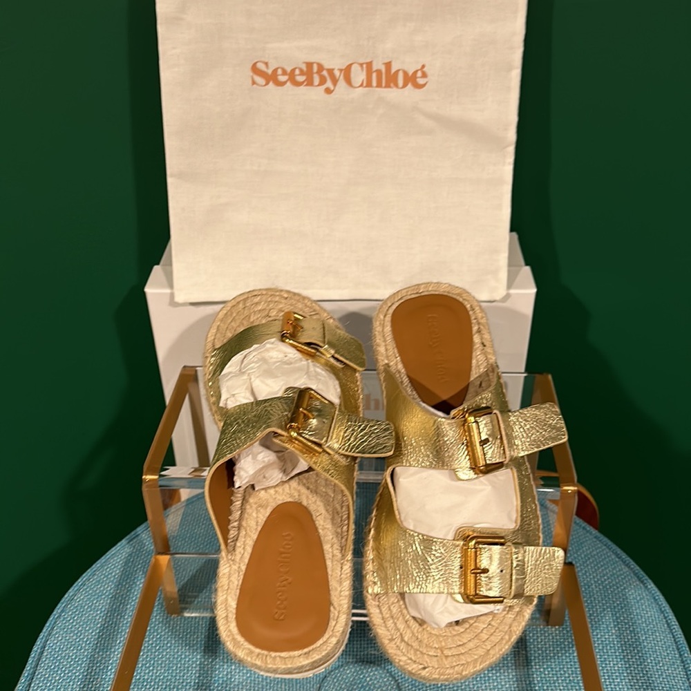 See By Chloe Gold Leather Birkenstock style Spanish Espadrilles Sz 7